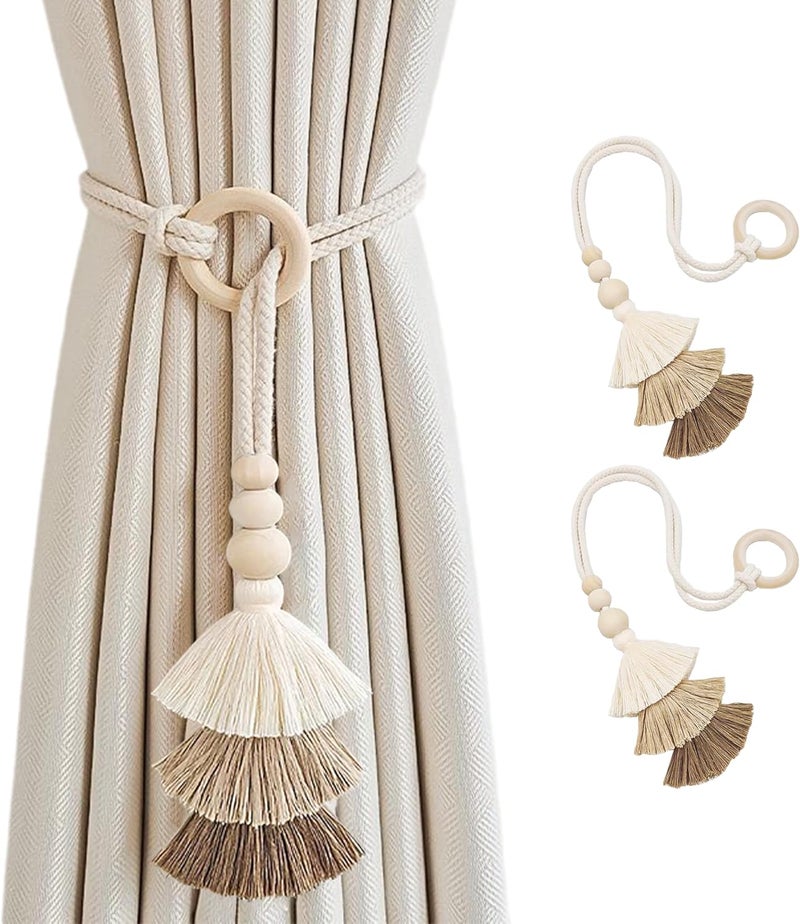 SRG Rope Curtain Tiebacks with Tassel Boho 2 PCS Handmade Wooden Ring Curtain Tie Backs Accessories Wall Decoration Drapery Curtain Holdbacks for Bedroom Window - Image 1